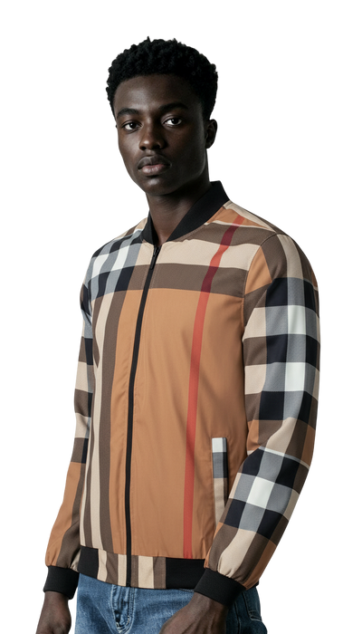 Camel Plaid Full Zip-Up Men's Jacket Italian Designer Long Sleeve Style No: CJK-2413