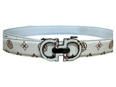 Men's Cream Brown Printed Belt Genuine Leather Fashion Design