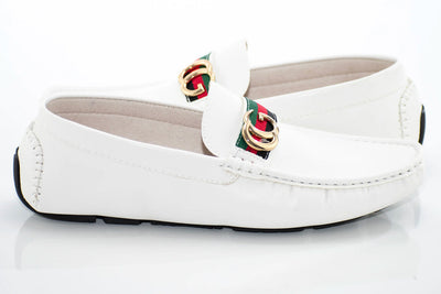 Royal shoes men's white loafer slip-on driver red and green strip with gold buckle