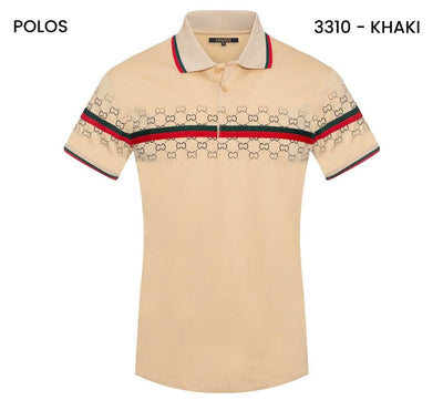 Men's Khaki GG Printed Polo T-shirt with Red and Green Trims Slim-Fit