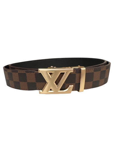 Men's Brown Plaid Printed Luxury Belt Genuine Leather Gold Buckle