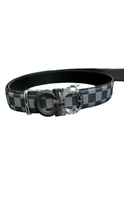 Men's Grey and Black Plaid Leather Belt Sliver Buckle Fashion Design