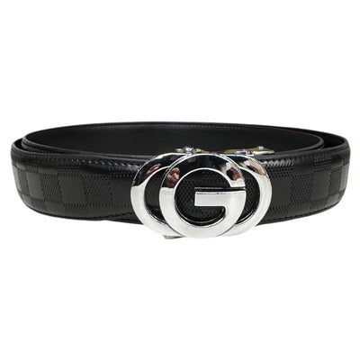 Black and Grey Men’s plaid pattern Genuine Leather Belt Silver and Black Buckle