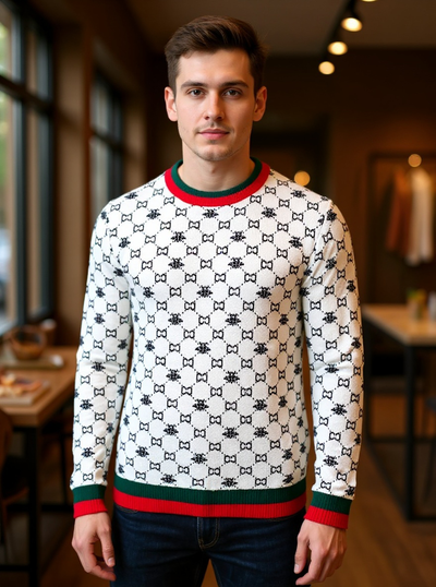 White Italian Luxury Design Sweater Red-Green Stripes Regular-Fit Style No: SW-141