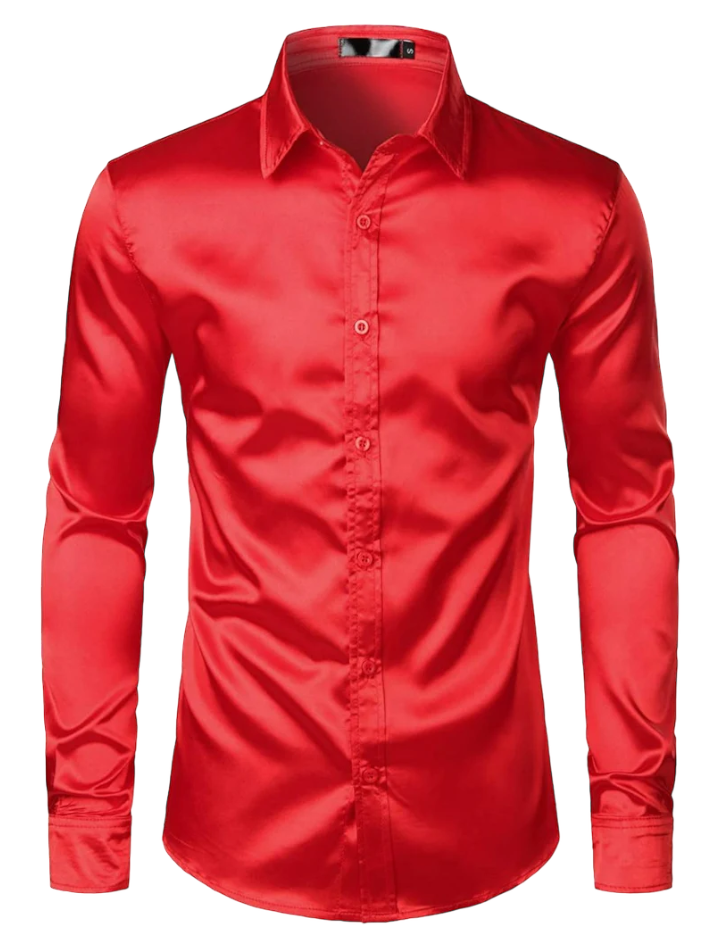 Red Shiny Satin Silk Dress Shirt Long Sleeve Casual Slim Fit