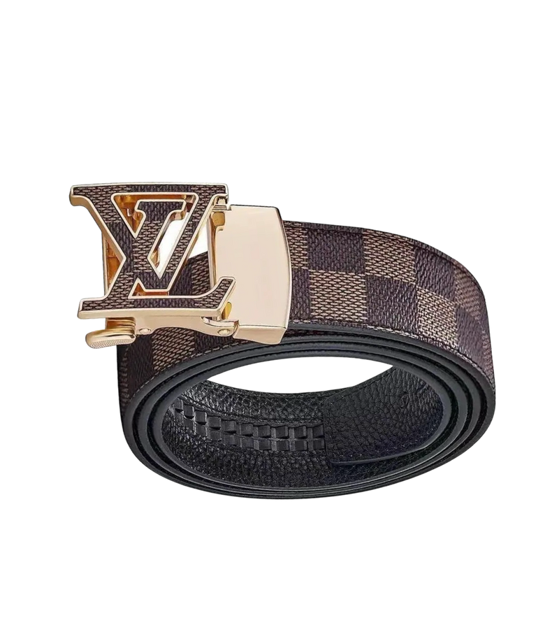 Men’s Brown Plaid Printed Belt Genuine Leather Gold Buckle