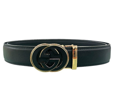 Black Men's Belt Leathers Slide Ratchet Genuine Leather Gold Buckle