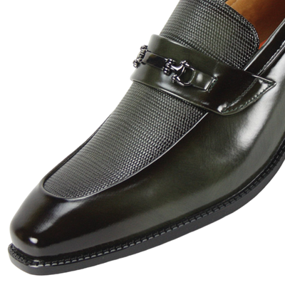 Olive men's slip-on dress shoes silver buckle