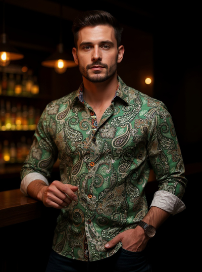 Axxess Green Multicolor Men's Long Sleeves Crafted Shirt Modern-Fit 258-22