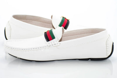 Royal shoes men's white loafer slip-on driver red and green strip with gold buckle