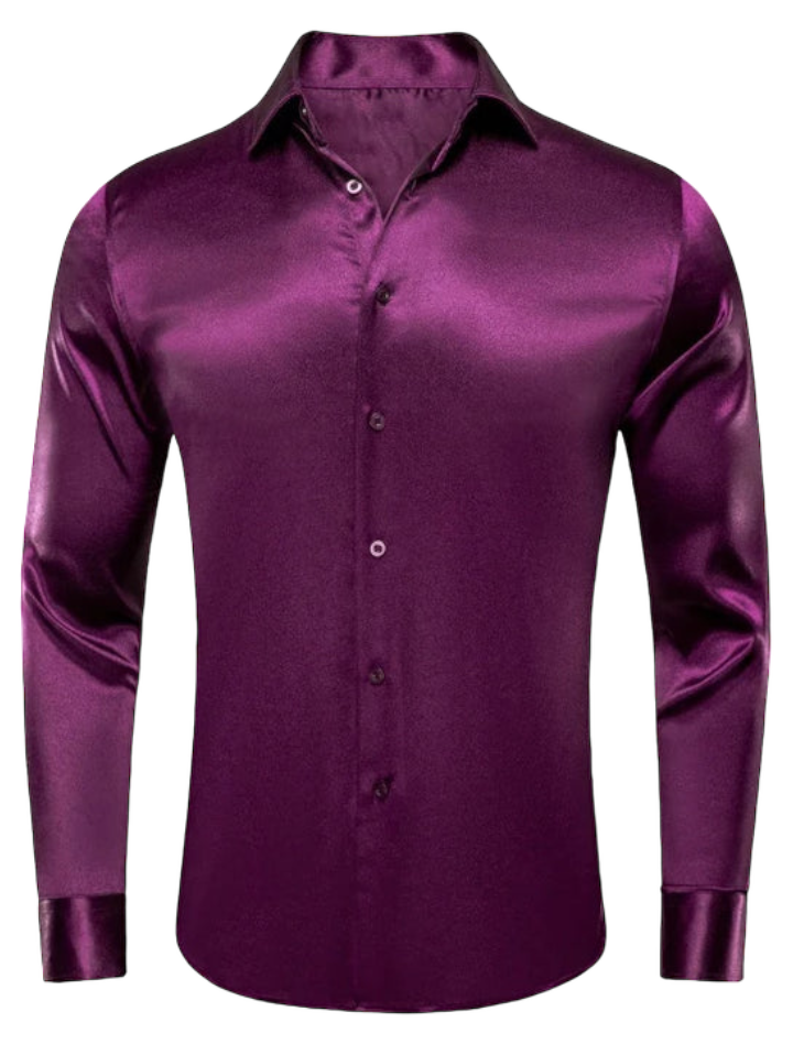 Plum Purple Men’s solid Shiny Shirt Long Sleeves Slim Fit Satin Material