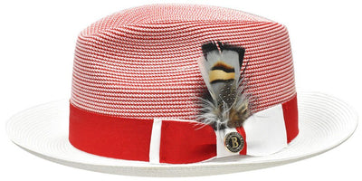 Men's Red and White Georgio Collection 2-Tone Straw Fedora Hat by Bruno Capelo