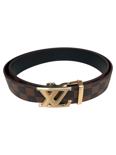 Men's Brown Plaid Printed Luxury Belt Genuine Leather Gold Buckle