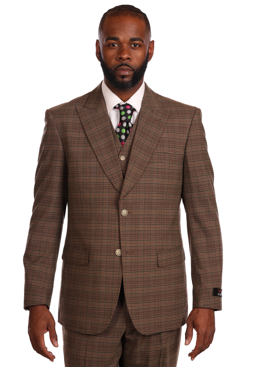 BROWN MEN'S PLAID STYLE SUIT 3 PIECES VESTED MODERN-FIT PEAK LAPEL – DESIGN  MENSWEAR