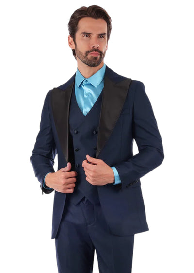 Barabas Men's Navy-Blue Tuxedo Suit Black Peak Lapel with Vest Style No: 4SU13