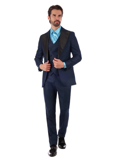 Barabas Men's Navy-Blue Tuxedo Suit Black Peak Lapel with Vest Style No: 4SU13