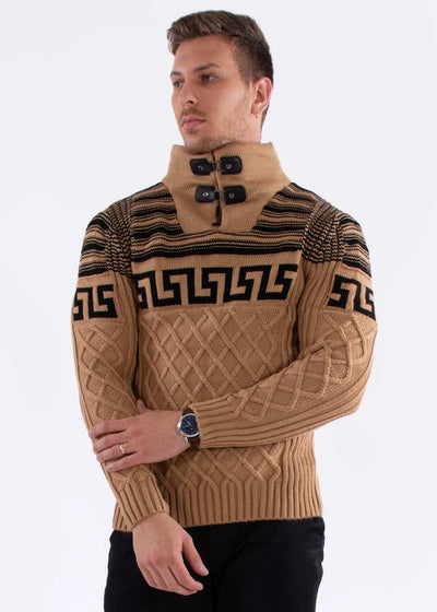 Beige Men's Knitted Sweaters Greek Key Pullover Men Turtleneck Style No-235131