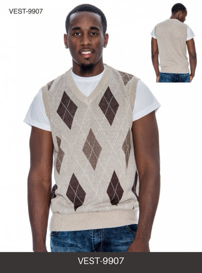 Beige-Tan Men's V-Neck Argyle Sweater Vest Knitwear Sleeveless Pullover STYLE-9907