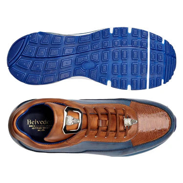 Belvedere Flash Antique Blue Genuine Ostrich Soft Italian Calf Skin Men's Sneakers