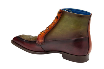 Belvedere Burgundy-Olive Greco R79 Men's Shoes Exotic Ostrich Calf-Skin Leather Boots