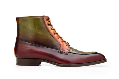 Belvedere Burgundy-Olive Greco R79 Men's Shoes Exotic Ostrich Calf-Skin Leather Boots