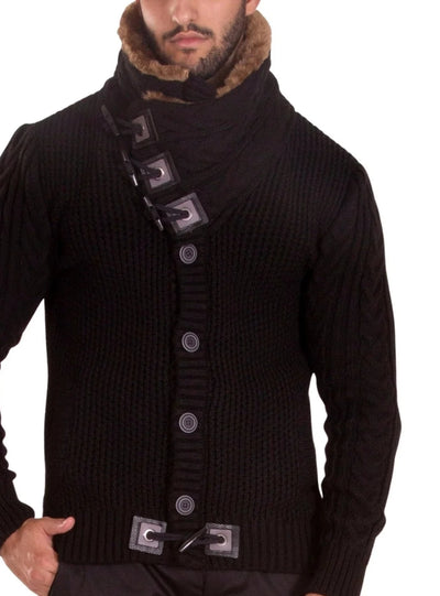 Black Men's Turtleneck Jacket Winter Cardigan Sweaters for Men with Fur