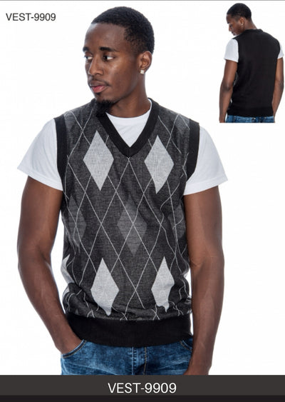 Black-Grey Men's V-Neck Argyle Sweater Vest Knitwear Sleeveless Pullover STYLE-9909