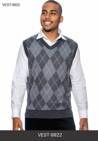 Black-Grey Men's V-Neck Argyle Sweater Vest Knitwear Sleeveless Pullover STYLE-9924