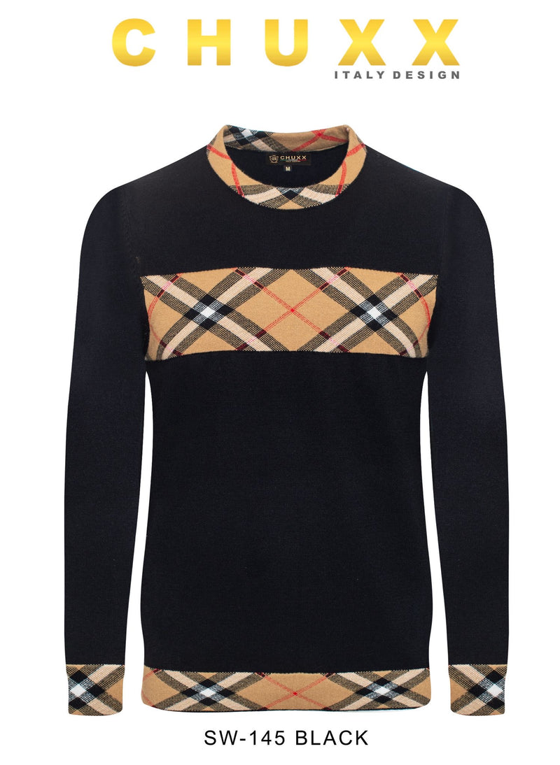 Black Crewneck Sweater Plaid Design Men&