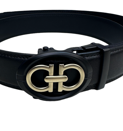 Black Genuine Leather Fancy Design Belt for Men's Gold Buckle