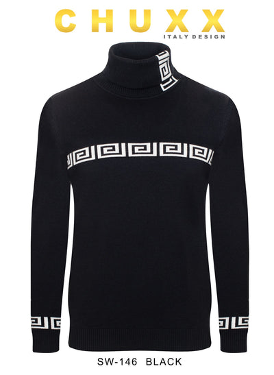 Black Greek Key Italian Designer Men's Turtleneck Sweater Regular-Fit SW-146