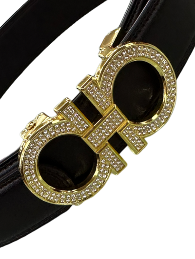 Black Men's Belt Gold Buckle with Glitter Stones Luxury Design