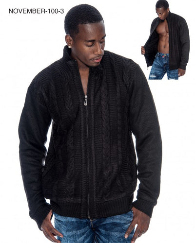 Black Men's Cardigan Sweaters Full Zip Knitted Jacket Fur Lined Style No: 100-3