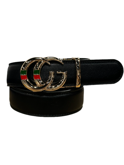 Black Men's CG Gold Buckle Belt Luxury Style Red and Green Strip