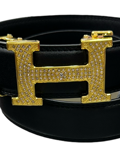 Black Men's Genuine Leather Belt Gold Buckle with Glitter Stones