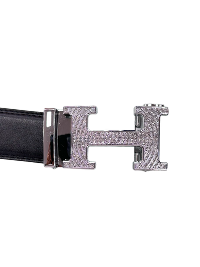 Black Men's Genuine Leather Belt Silver Buckle with Glitter Stones