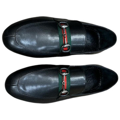 Black Men's Gigotto uomo Loafers Slip-on Dress Shoes Sliver Buckle Green and Red Stripes Style No:6525