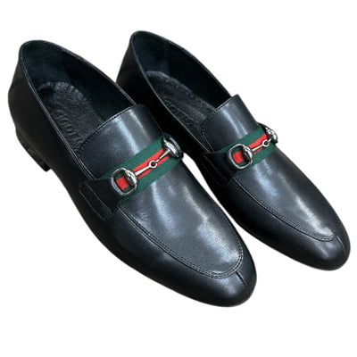 Black Men's Gigotto uomo Loafers Slip-on Dress Shoes Sliver Buckle Green and Red Stripes Style No:6525