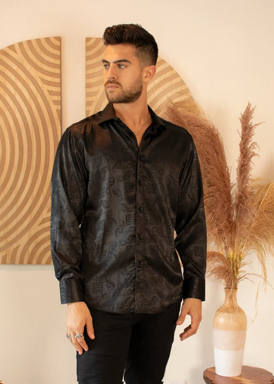 Black Men's Greek Key Long Sleeve Dress Shirt Black Shine Style No-232272