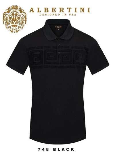 Black Men's Greek Key Printed Short Sleeve Polo Shirt Regular-Fit