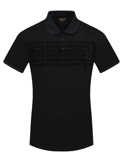 Black Men's Greek Key Printed Short Sleeve Polo Shirt Regular-Fit