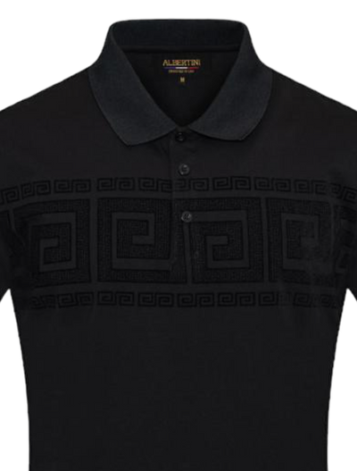 Black Men's Greek Key Printed Short Sleeve Polo Shirt Regular-Fit