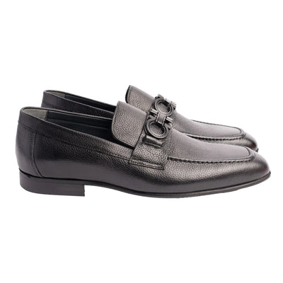 Black Men's Italian Leather Slip-On Shoes Chello Buckle Loafer P00071