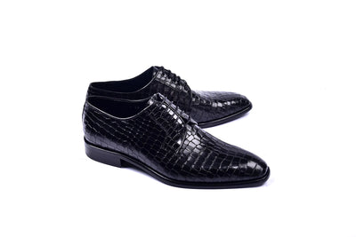 Black Men's Lace-Up Italian Leather Shoes Croco Print C01505-6291C By Corrente