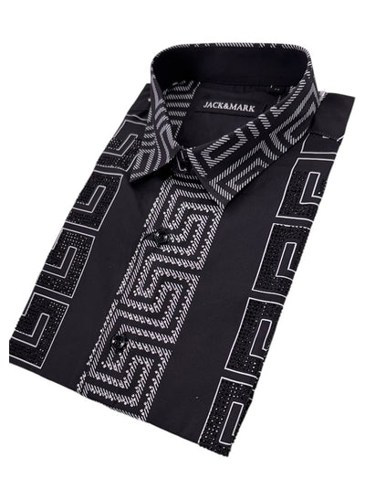 Black Men's Long Sleeve Shirt Stretch Material Greek Key Print with Dimond Stone