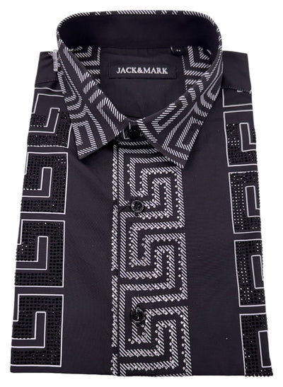 Black Men's Long Sleeve Shirt Stretch Material Greek Key Print with Dimond Stone