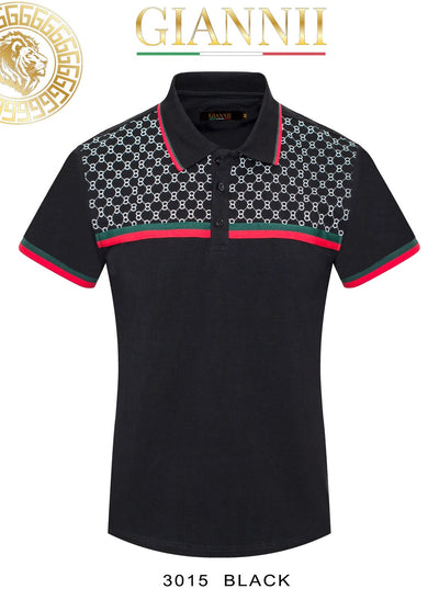 Black Men's Luxury Design Short Sleeve Polo Italy Design Red and Green Strip