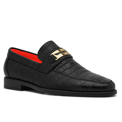 Black Men's TAYNO Slip-on Shoes Croco Print Gold Bit Loafer - The Caprio C