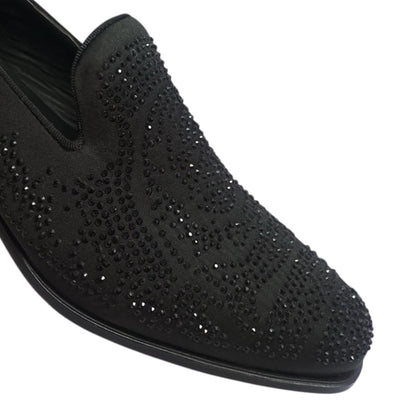 Black Satin Material Men's Shoes Glitter Stone Tuxedo Pron Slip-On Loafer Style-S61