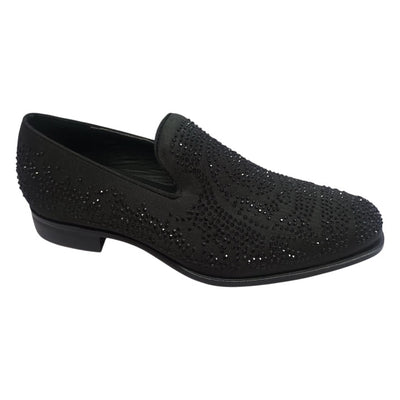 Black Satin Material Men's Shoes Glitter Stone Tuxedo Pron Slip-On Loafer Style-S61